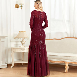 Sparkly Sequins Evening Dress Long Sleeves Wedding Party Maxi Dress - Rosymae