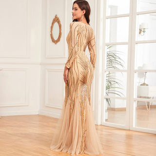 Sparkly Sequins Evening Dress Long Sleeves Wedding Party Maxi Dress - Rosymae