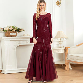 Sparkly Sequins Evening Dress Long Sleeves Wedding Party Maxi Dress - Rosymae