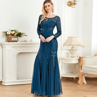 Sparkly Sequins Evening Dress Long Sleeves Wedding Party Maxi Dress - Rosymae