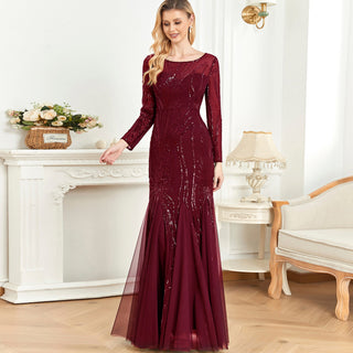 Sparkly Sequins Evening Dress Long Sleeves Wedding Party Maxi Dress - Rosymae