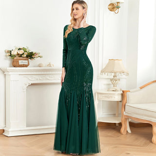 Sparkly Sequins Evening Dress Long Sleeves Wedding Party Maxi Dress - Rosymae