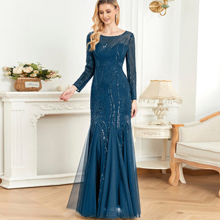 Sparkly Sequins Evening Dress Long Sleeves Wedding Party Maxi Dress - Rosymae