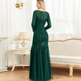 Sparkly Sequins Evening Dress Long Sleeves Wedding Party Maxi Dress - Rosymae