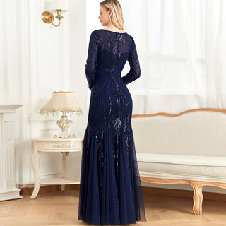 Sparkly Sequins Evening Dress Long Sleeves Wedding Party Maxi Dress - Rosymae