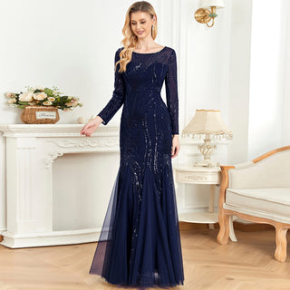 Sparkly Sequins Evening Dress Long Sleeves Wedding Party Maxi Dress - Rosymae
