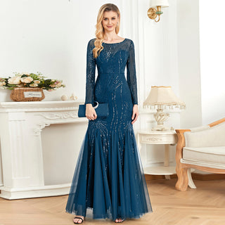 Sparkly Sequins Evening Dress Long Sleeves Wedding Party Maxi Dress - Rosymae