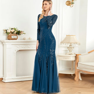 Sparkly Sequins Evening Dress Long Sleeves Wedding Party Maxi Dress - Rosymae
