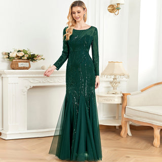 Sparkly Sequins Evening Dress Long Sleeves Wedding Party Maxi Dress - Rosymae