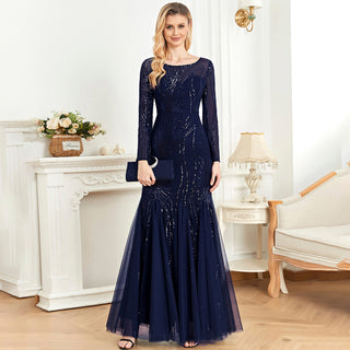 Sparkly Sequins Evening Dress Long Sleeves Wedding Party Maxi Dress - Rosymae