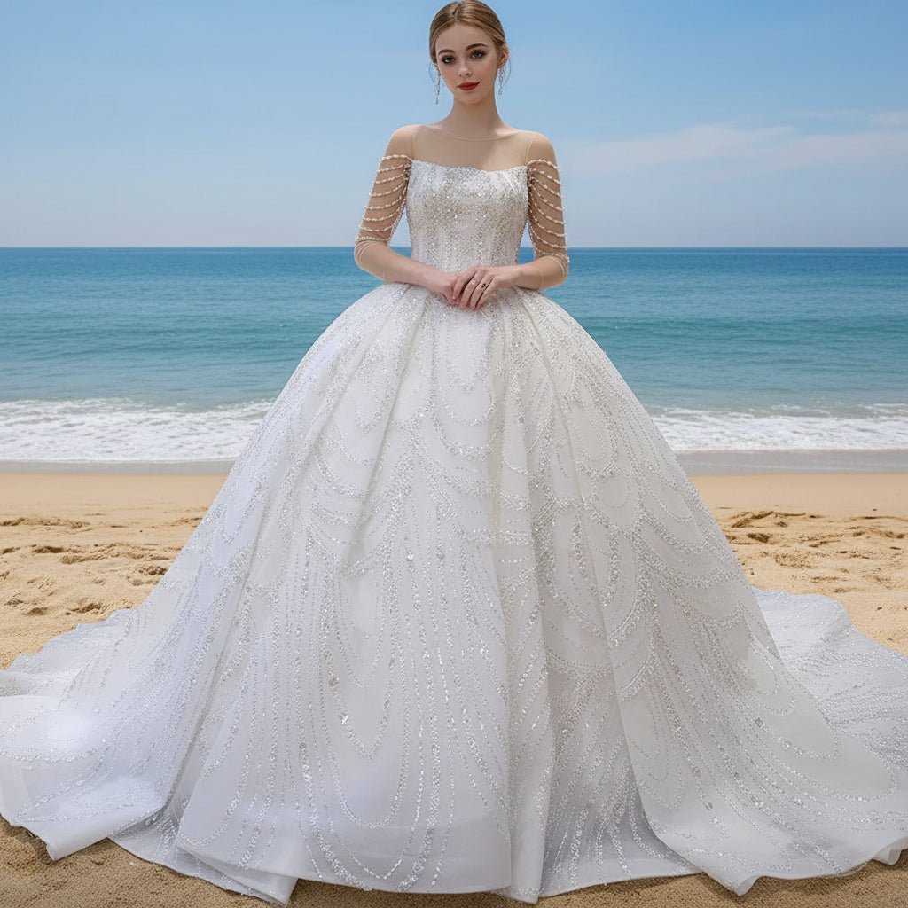 Sparkly Sheer Long Sleeve Puffy Skirt Ball Gown Wedding Dress - Rosymae