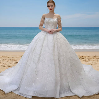 Sparkly Sheer Long Sleeve Puffy Skirt Ball Gown Wedding Dress - Rosymae