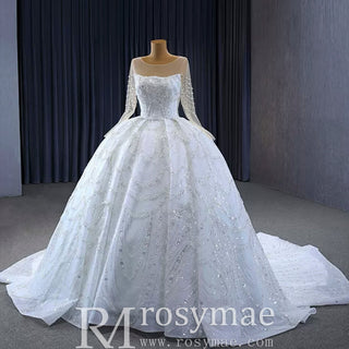 Sparkly Sheer Long Sleeve Puffy Skirt Ball Gown Wedding Dress - Rosymae