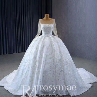 Sparkly Sheer Long Sleeve Puffy Skirt Ball Gown Wedding Dress - Rosymae