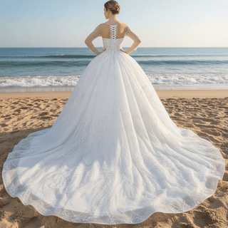Sparkly Sheer Long Sleeve Puffy Skirt Ball Gown Wedding Dress - Rosymae