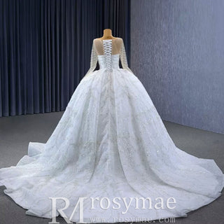Sparkly Sheer Long Sleeve Puffy Skirt Ball Gown Wedding Dress - Rosymae