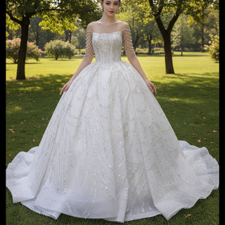 Sparkly Sheer Long Sleeve Puffy Skirt Ball Gown Wedding Dress - Rosymae