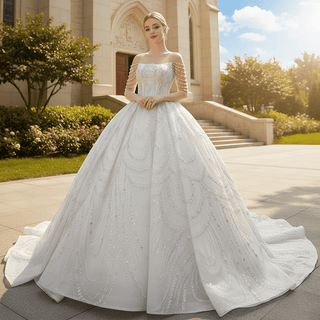 Sparkly Sheer Long Sleeve Puffy Skirt Ball Gown Wedding Dress - Rosymae