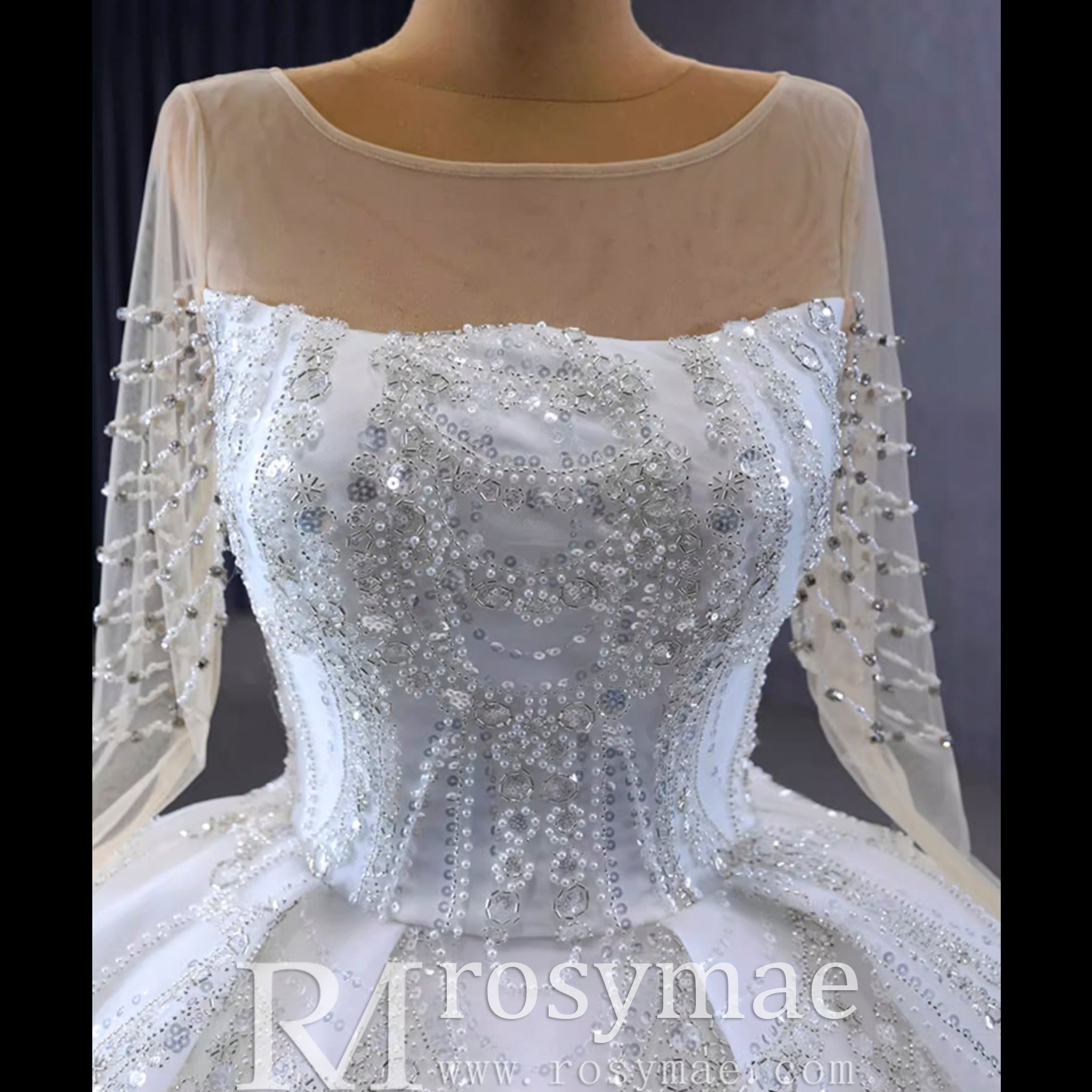 Sparkly Sheer Long Sleeve Puffy Skirt Ball Gown Wedding Dress - Rosymae