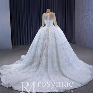 Sparkly Sheer Long Sleeve Puffy Skirt Ball Gown Wedding Dress - Rosymae