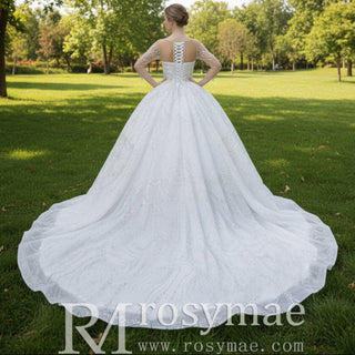 Sparkly Sheer Long Sleeve Puffy Skirt Ball Gown Wedding Dress - Rosymae