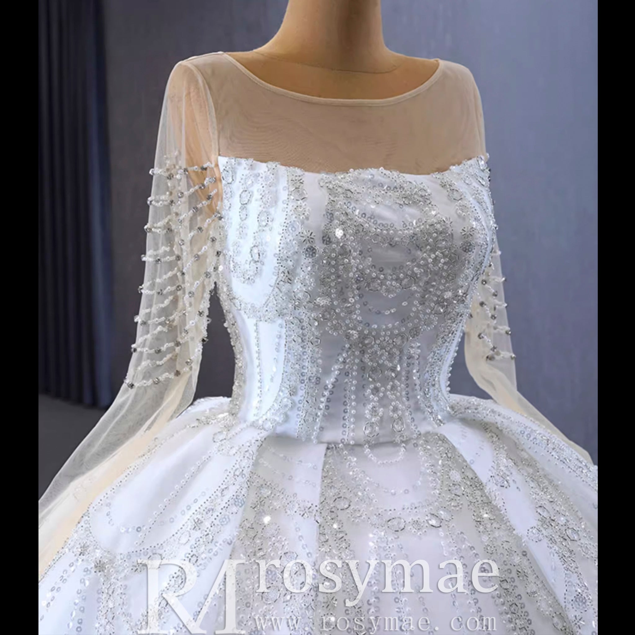 Sparkly Sheer Long Sleeve Puffy Skirt Ball Gown Wedding Dress - Rosymae