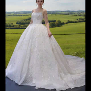 Sparkly Sheer Long Sleeve Puffy Skirt Ball Gown Wedding Dress - Rosymae