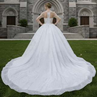 Sparkly Sheer Long Sleeve Puffy Skirt Ball Gown Wedding Dress - Rosymae