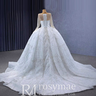 Sparkly Sheer Long Sleeve Puffy Skirt Ball Gown Wedding Dress - Rosymae