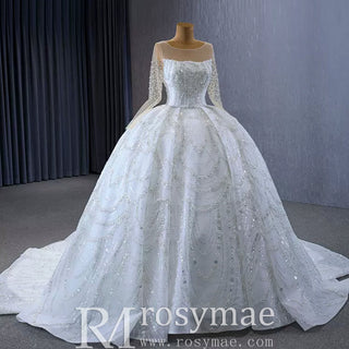 Sparkly Sheer Long Sleeve Puffy Skirt Ball Gown Wedding Dress - Rosymae