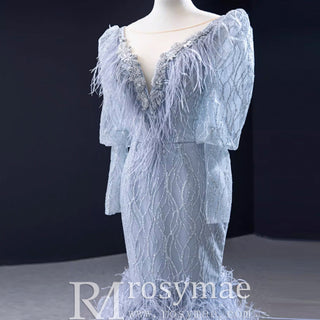 Sparkly Silver Mermaid Pageant Dress Prom Gown with Long Sleeves - Rosymae