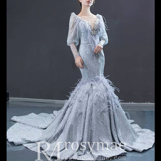 Sparkly Silver Mermaid Pageant Dress Prom Gown with Long Sleeves - Rosymae