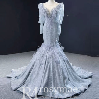 Sparkly Silver Mermaid Pageant Dress Prom Gown with Long Sleeves - Rosymae