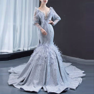 Sparkly Silver Mermaid Pageant Dress Prom Gown with Long Sleeves - Rosymae
