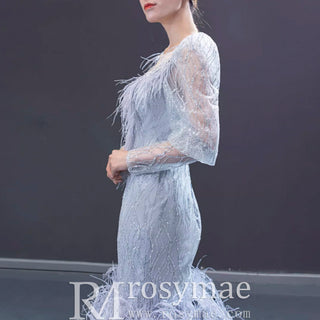 Sparkly Silver Mermaid Pageant Dress Prom Gown with Long Sleeves - Rosymae