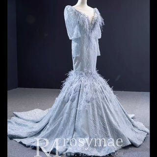 Sparkly Silver Mermaid Pageant Dress Prom Gown with Long Sleeves - Rosymae