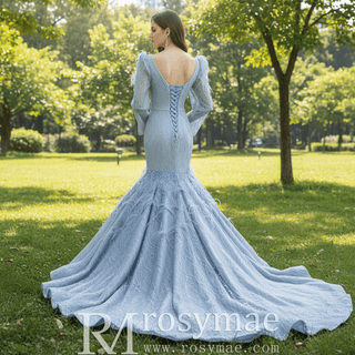 Sparkly Silver Mermaid Pageant Dress Prom Gown with Long Sleeves - Rosymae