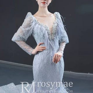 Sparkly Silver Mermaid Pageant Dress Prom Gown with Long Sleeves - Rosymae