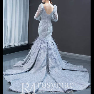 Sparkly Silver Mermaid Pageant Dress Prom Gown with Long Sleeves - Rosymae