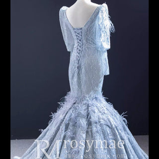 Sparkly Silver Mermaid Pageant Dress Prom Gown with Long Sleeves - Rosymae