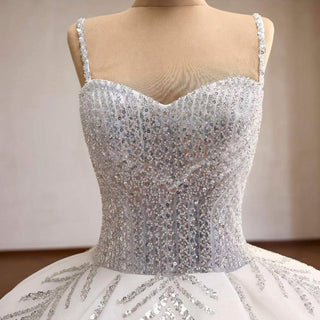 Sparkly Spaghetti Strap Sequin Ball Gown Wedding Dress with Leaf Beading