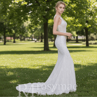 Sparkly Tank Strapy Sequins Mermaid Wedding Dress - Rosymae