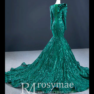 Sparkly Unique Sequins Long Sleeve Mermaid Prom Dress - Rosymae