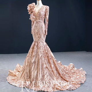 Sparkly Unique Sequins Long Sleeve Mermaid Prom Dress - Rosymae