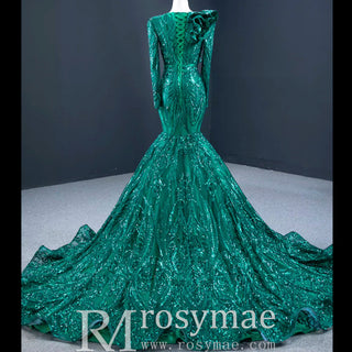 Sparkly Unique Sequins Long Sleeve Mermaid Prom Dress - Rosymae