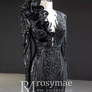Sparkly Unique Sequins Long Sleeve Mermaid Prom Dress - Rosymae