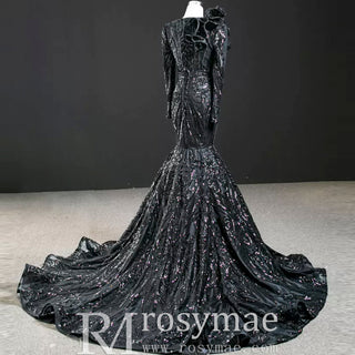 Sparkly Unique Sequins Long Sleeve Mermaid Prom Dress - Rosymae