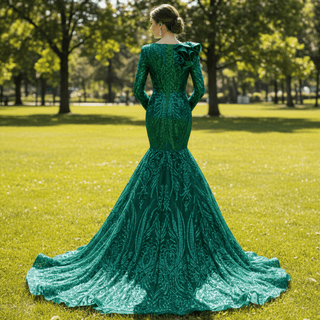 Sparkly Unique Sequins Long Sleeve Mermaid Prom Dress - Rosymae