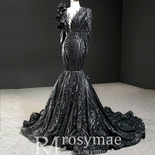Sparkly Unique Sequins Long Sleeve Mermaid Prom Dress - Rosymae