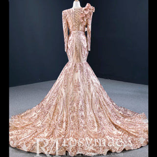 Sparkly Unique Sequins Long Sleeve Mermaid Prom Dress - Rosymae